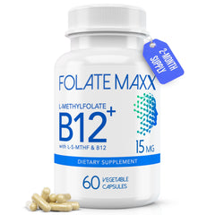 Folate Maxx bottle front with bold branding and 60 capsules for daily mood support.