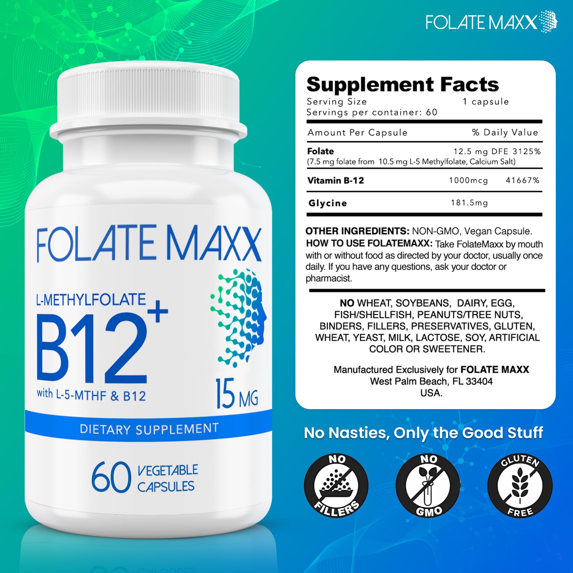 Folate Maxx pills close-up showing small, easy-to-swallow capsules.