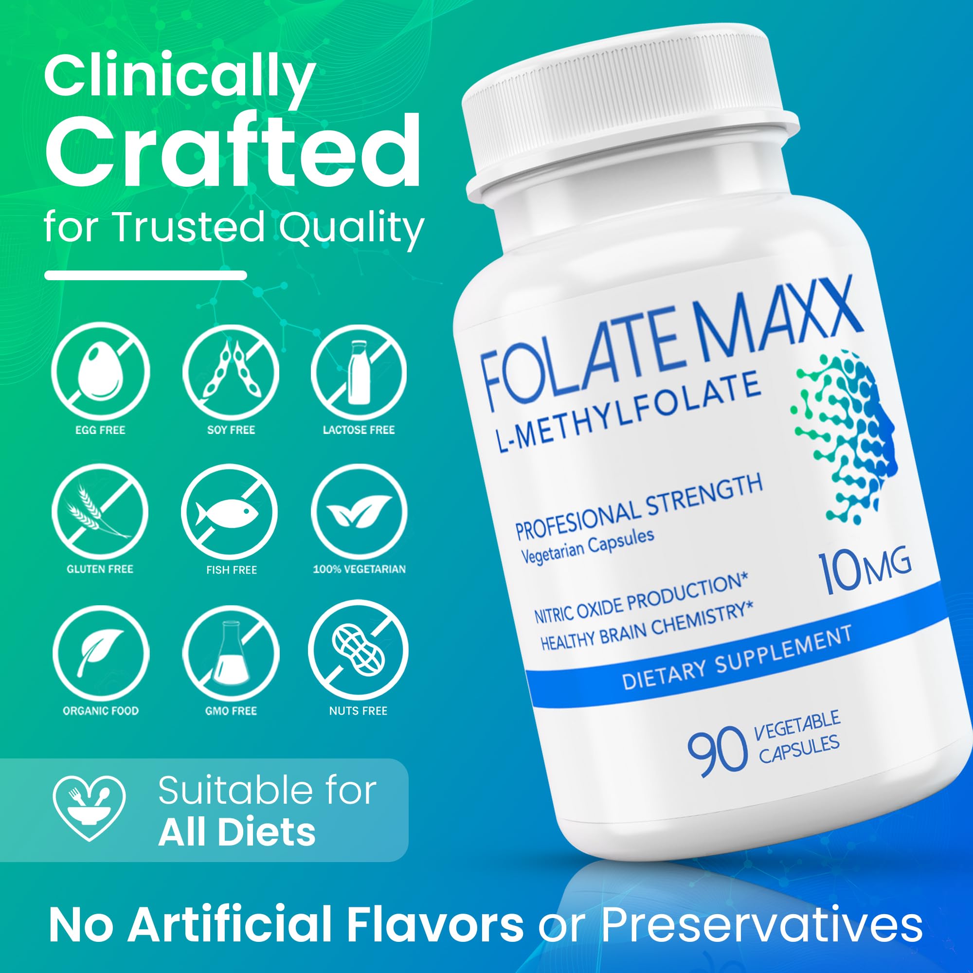 Visual highlighting FolateMaxx immune support features and non-GMO, vegan, gluten-free quality.