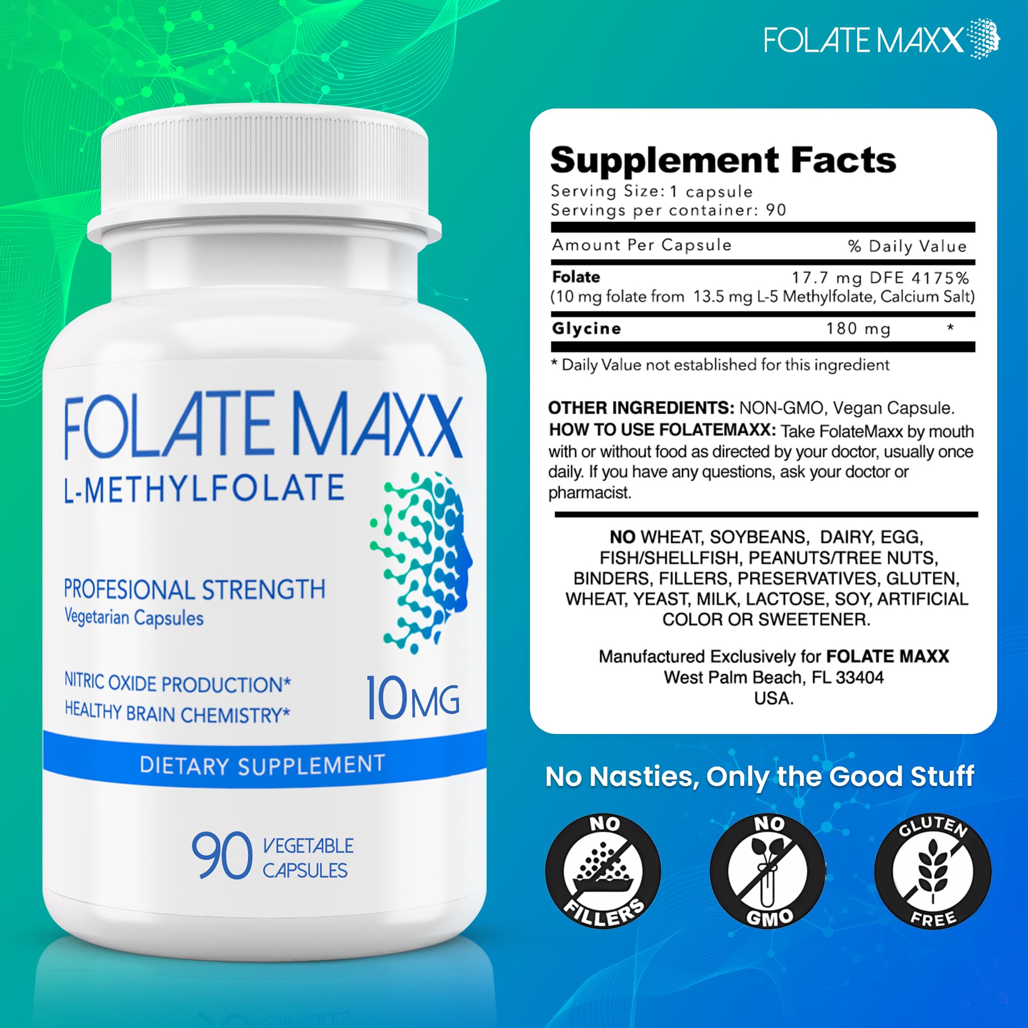 Close-up of FolateMaxx ingredients emphasizing purity and USA manufacturing standards.