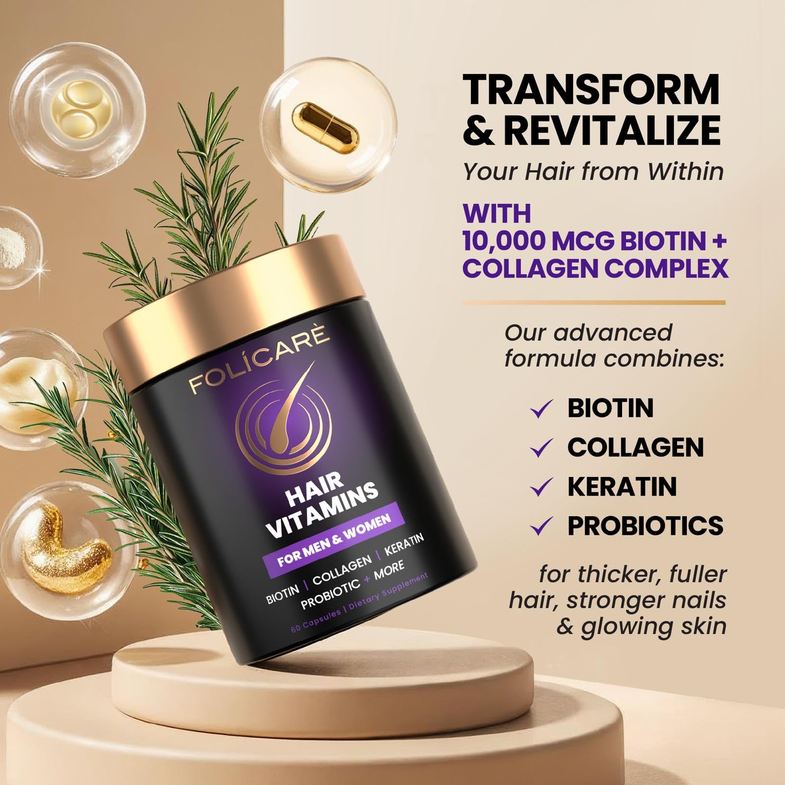 FOLICARE Hair Growth transformation image with glow for hair, skin, and nails.