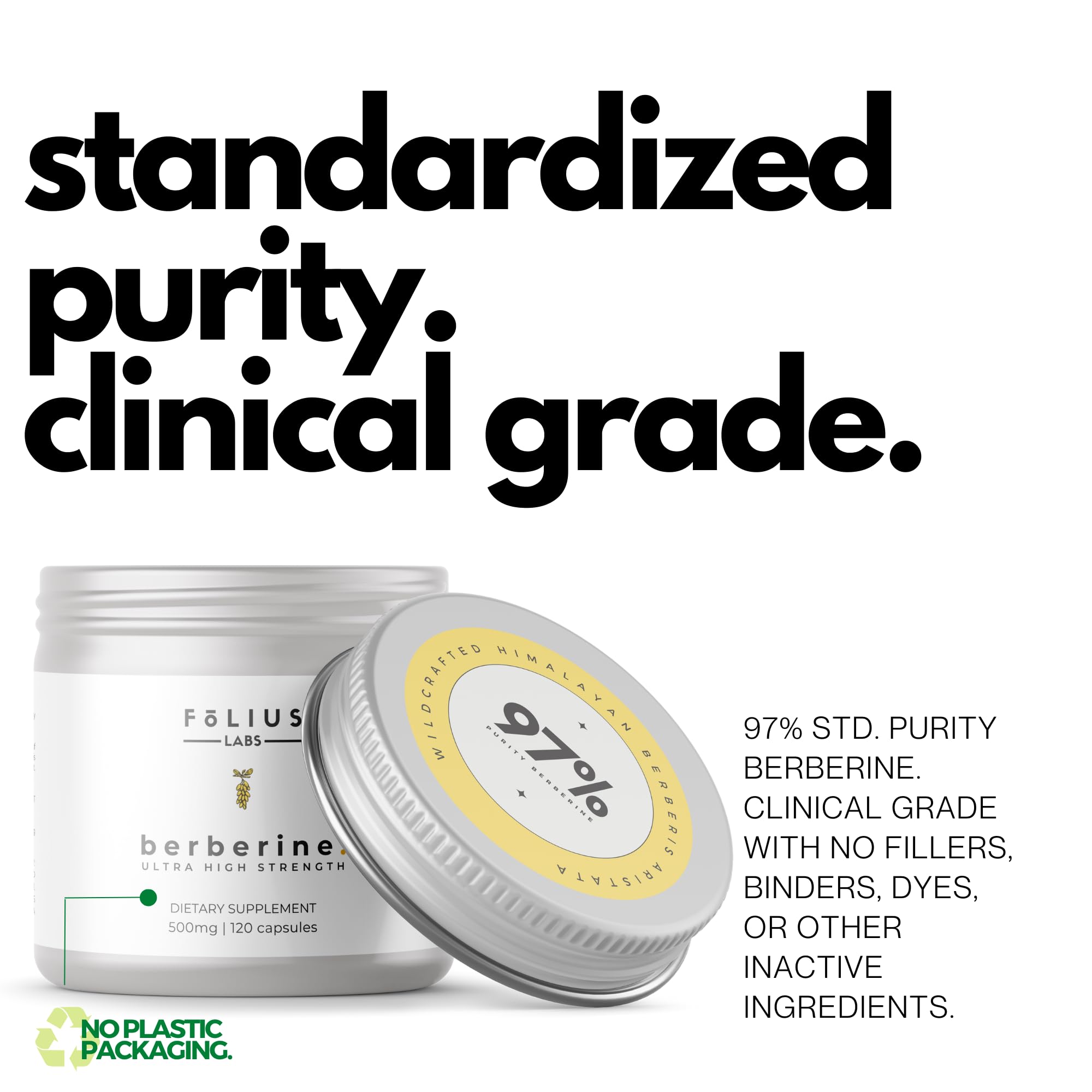 FOLIUS LABS Berberine HCl 97% ingredients image highlights vegan, non-GMO features.