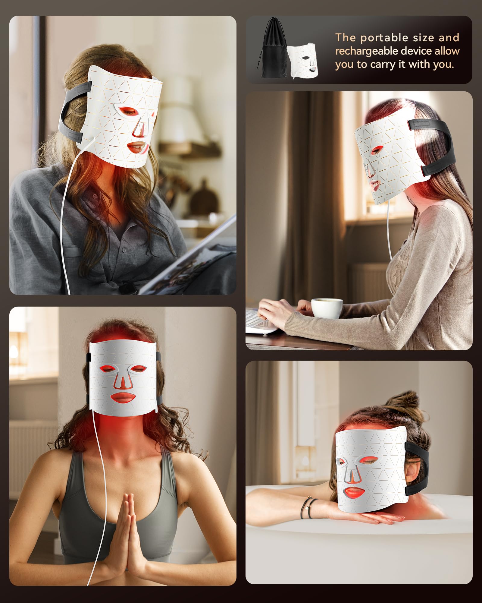 FOLOKE LED mask worn during a home routine for spa‑like treatment.