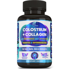 FOLONA bottle with colostrum and collagen capsules; supports hair and skin vitality.