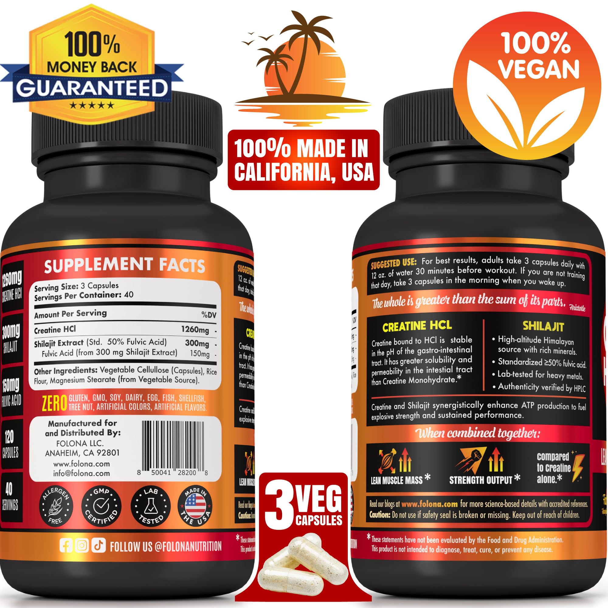Folona Creatine HCl capsules closeup highlights easy dosing with no loading.
