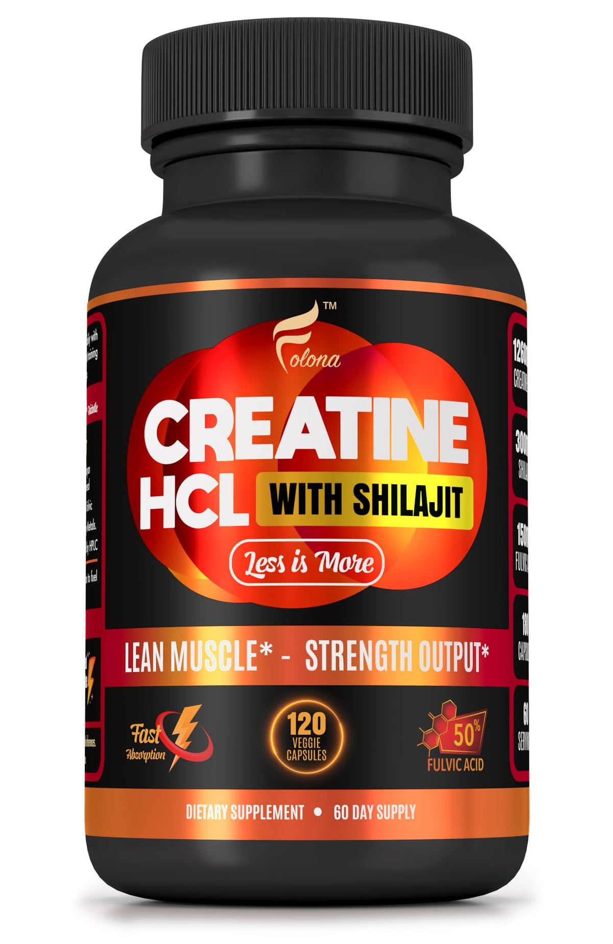 Folona Creatine HCl with Shilajit bottle showcases the vegan formula for lean muscle support.