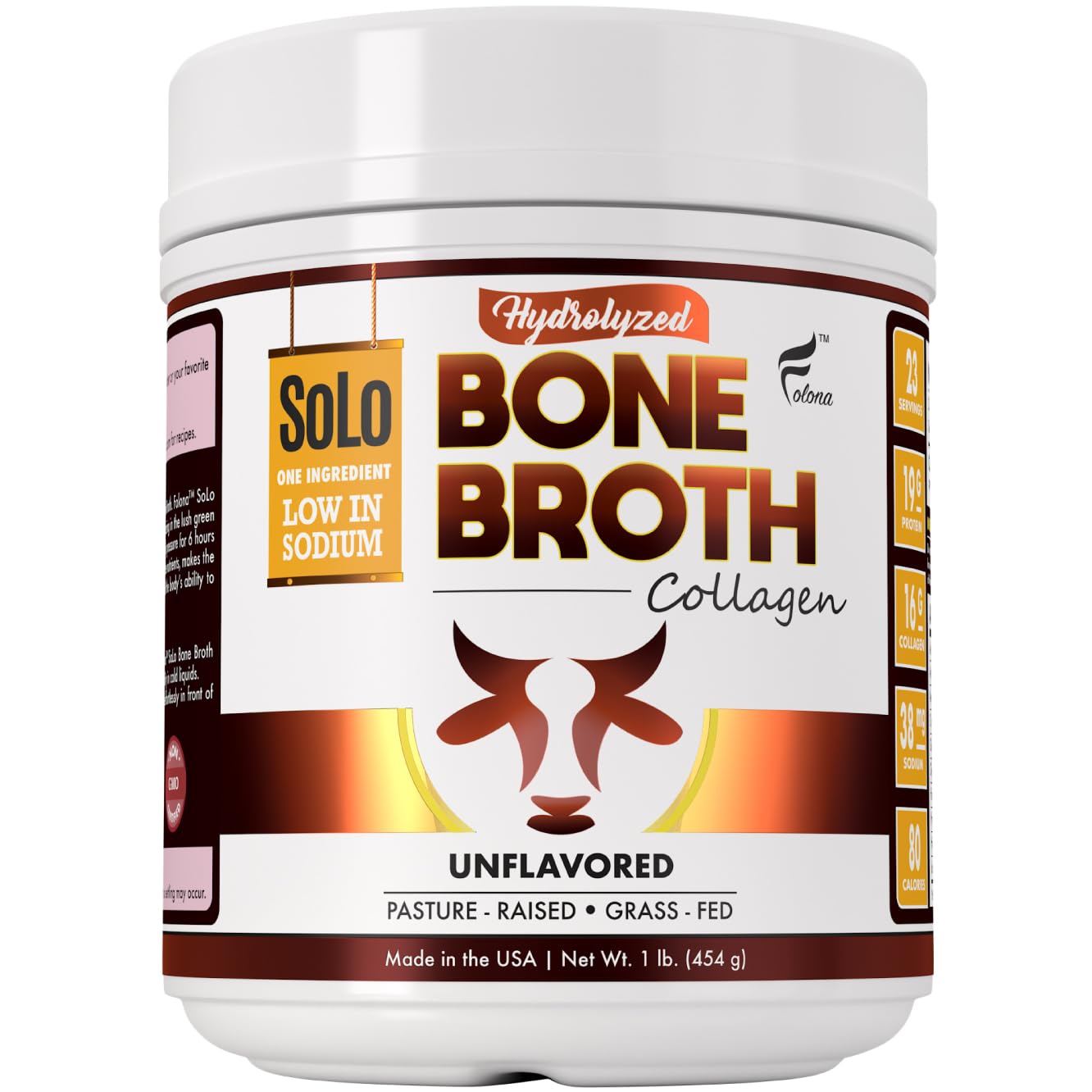 FOLONA Solo Bone Broth Powder canister highlighting grass-fed, premium protein.