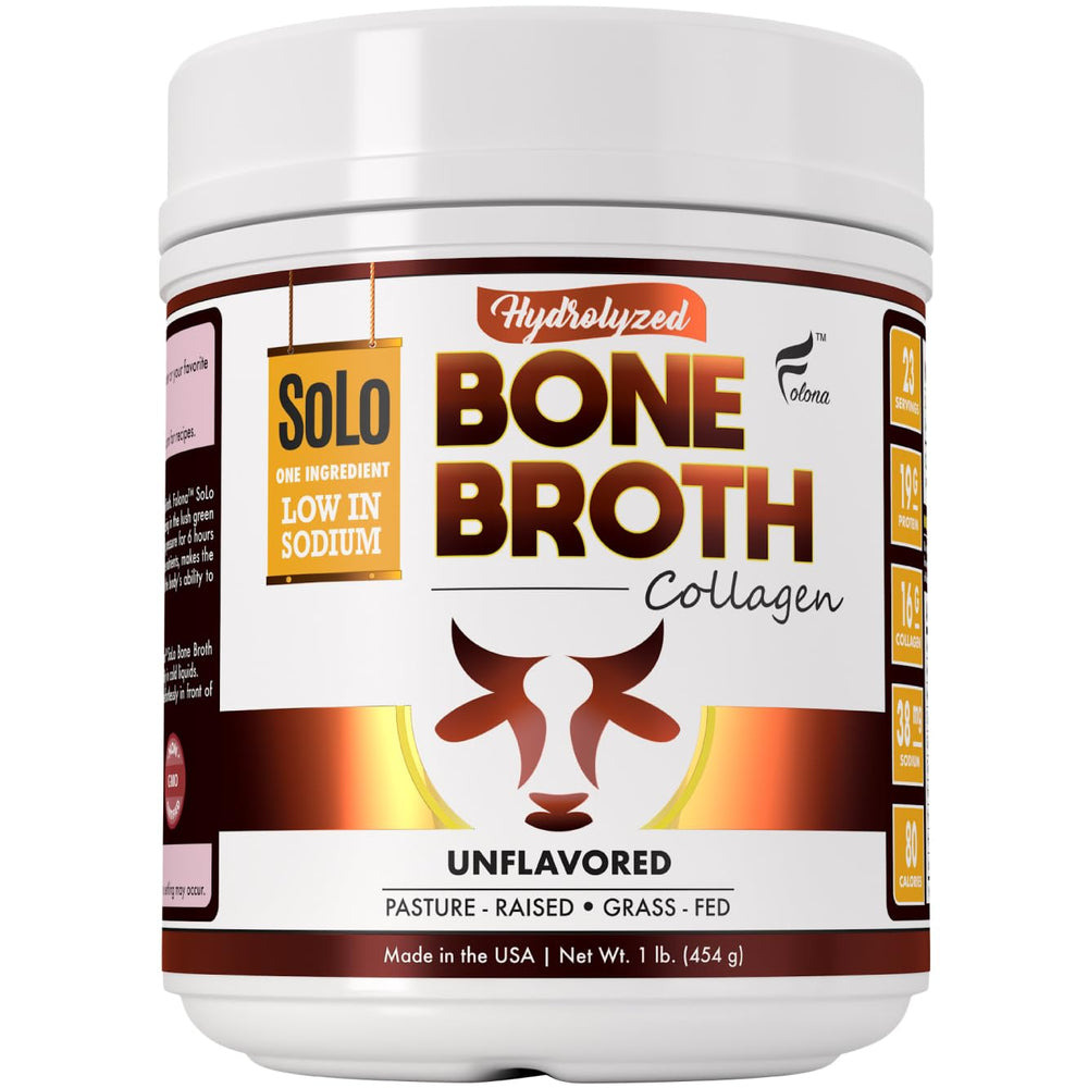 FOLONA Solo Bone Broth Powder canister highlighting grass-fed, premium protein.