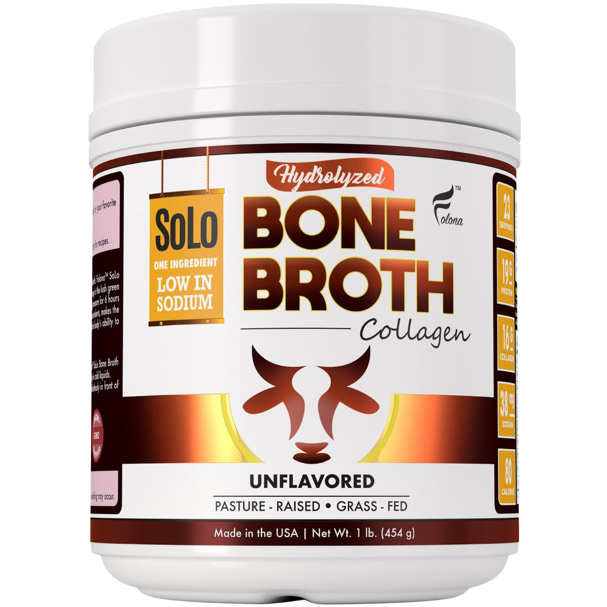 FOLONA Solo Bone Broth Powder canister highlighting grass-fed, premium protein.