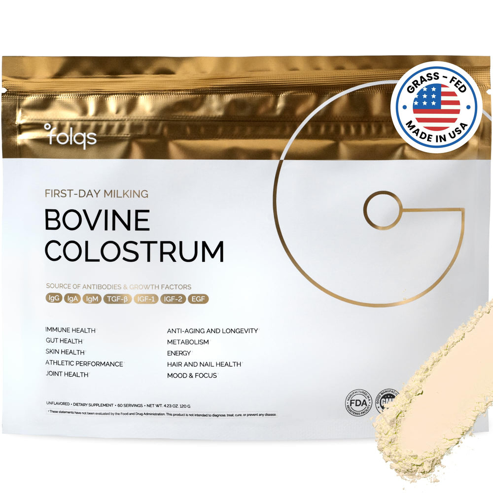 Folqs Bovine Colostrum Powder packaging highlights premium sourcing for quality wellness