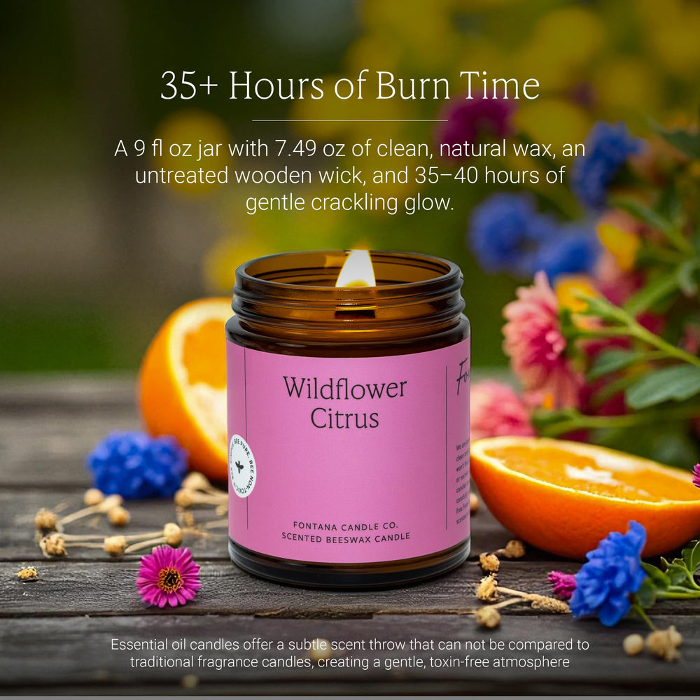 Fontana Candle Co wooden wick candle shows soft crackle and clean burn.