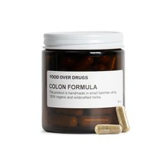 Food Over Drugs Colon Formula bottle with capsules for gentle digestion and regularity.