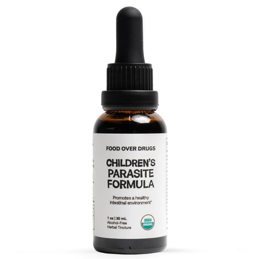 Food Over Drugs Para Formula bottle front shows organic herb blend for kids.