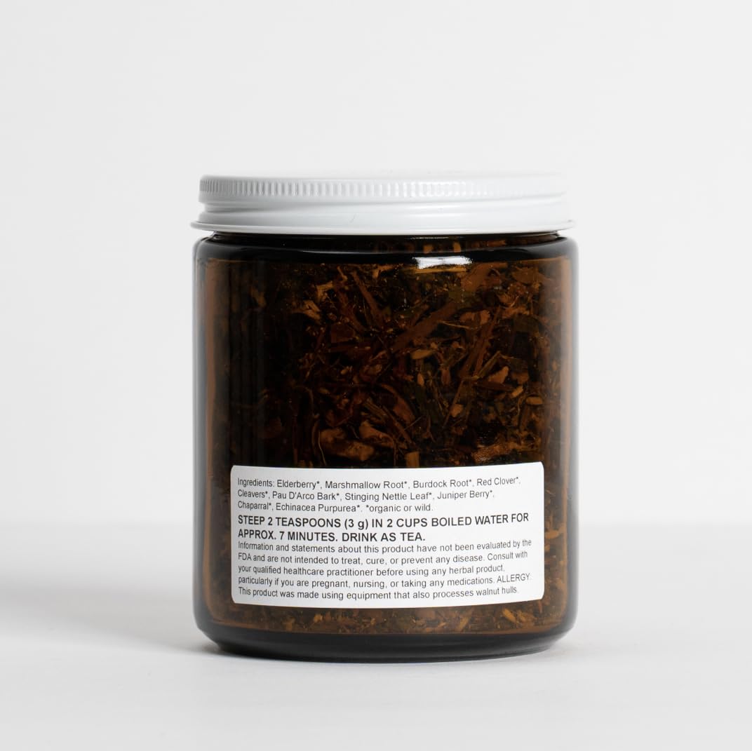 Food Over Drugs detox tea loose-leaf close-up highlights regenerative herbs in vibrant leaves.