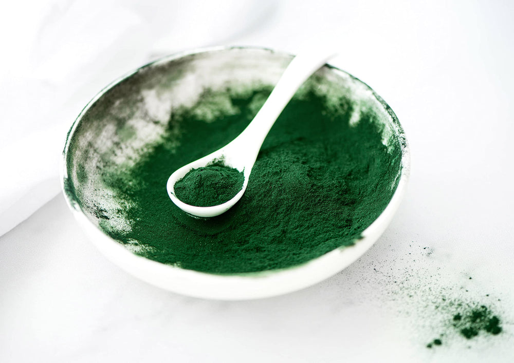 Food to Live algae powder spoon highlighting emerald color for coloring.