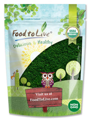 Food to Live algae powder jar showing emerald color for protein-rich smoothies.