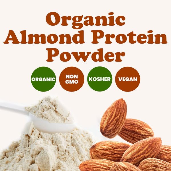 Food to Live almond protein powder pouring — fine texture blends smoothly.