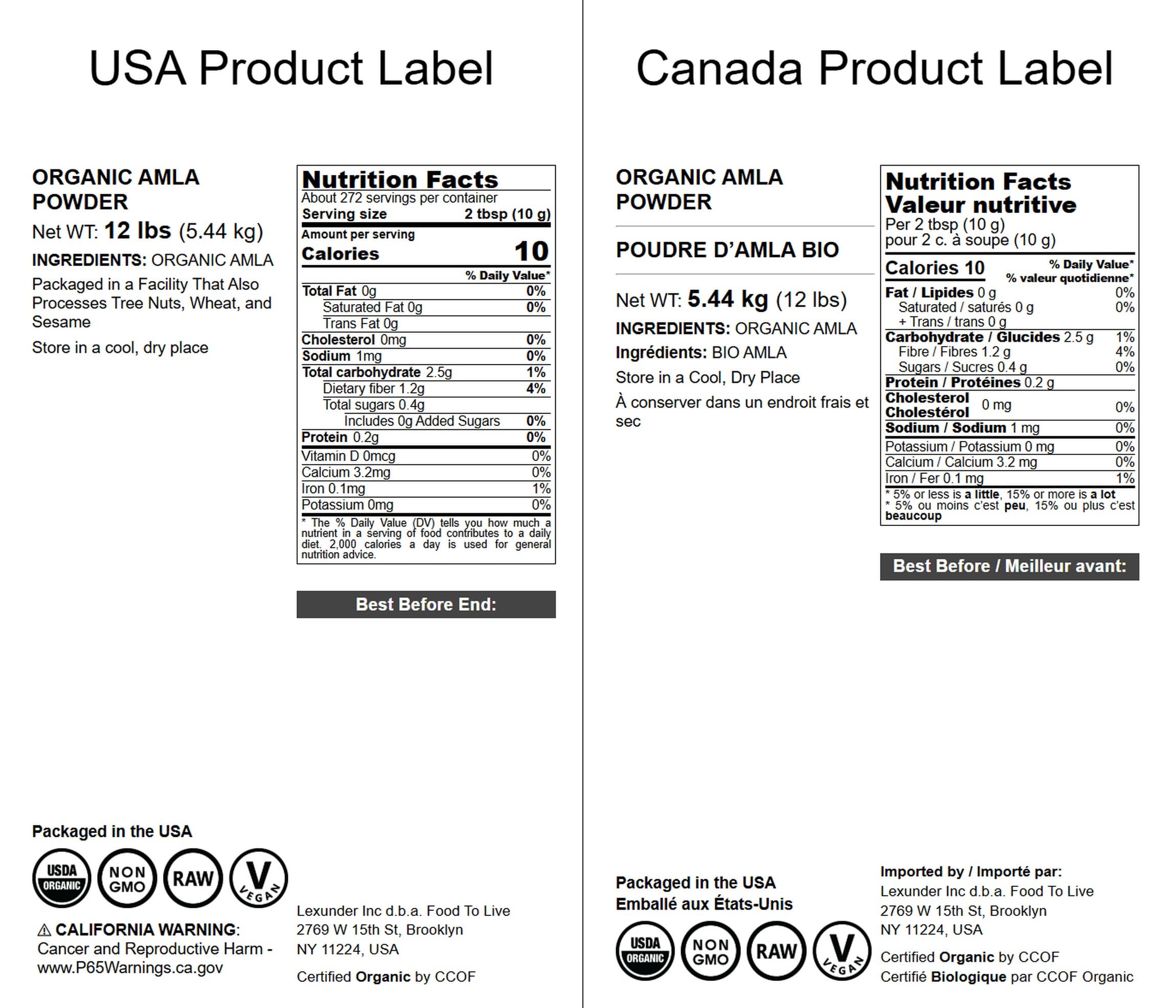 Food to Live amla powder label close-up, purity and non-GMO attributes.
