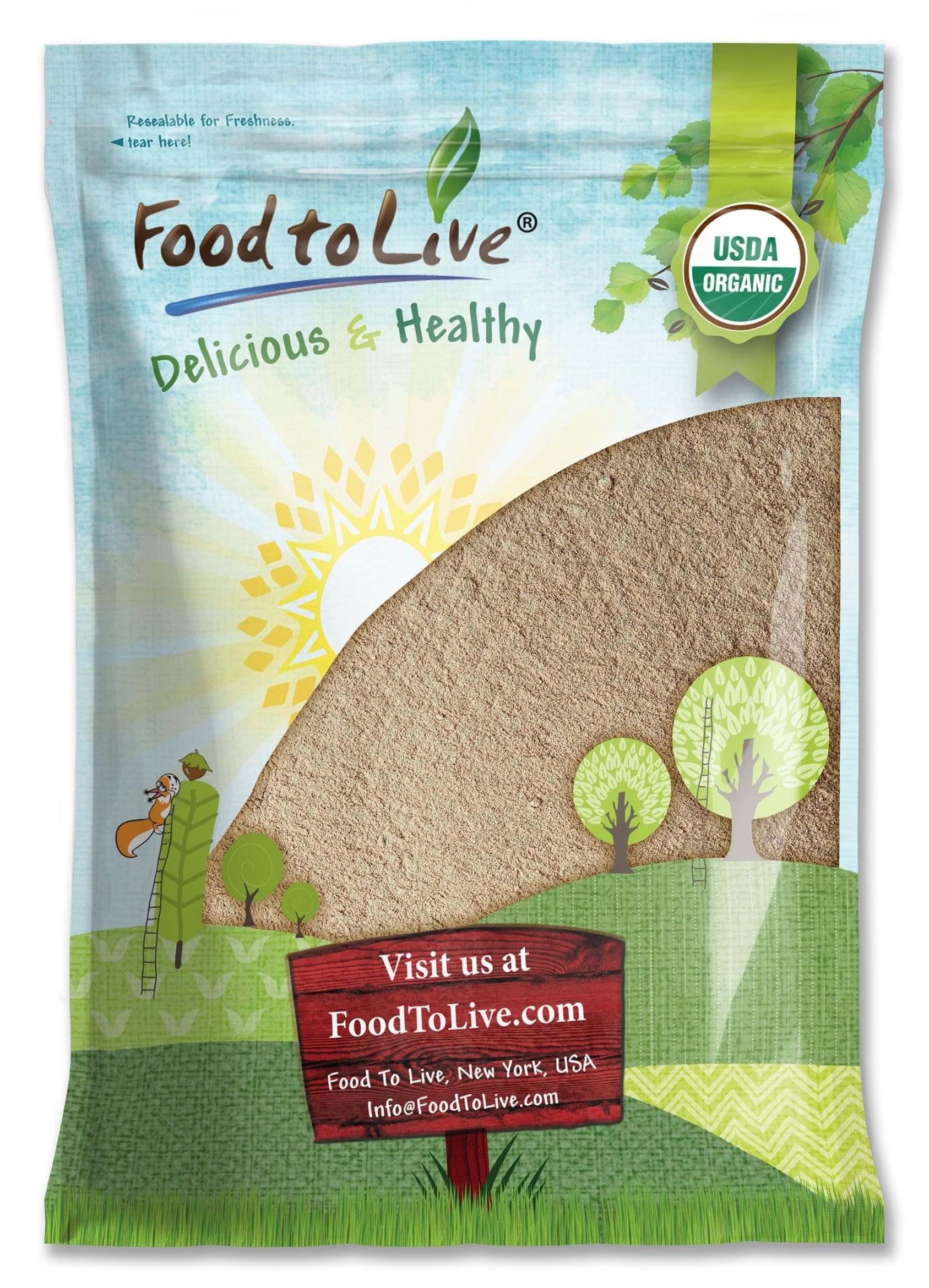 Food to Live Ashwagandha powder packaging highlights pure, organic roots for bulk use.