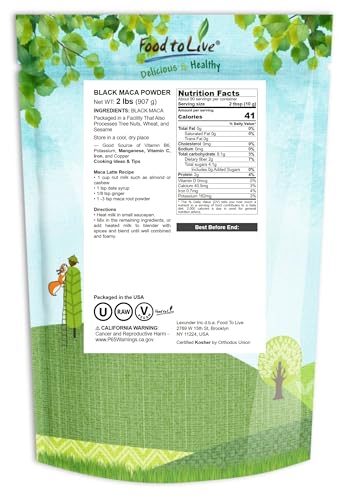 Food to Live Black Maca Powder bag back highlights Kosher, vegan credentials for health-conscious shoppers.
