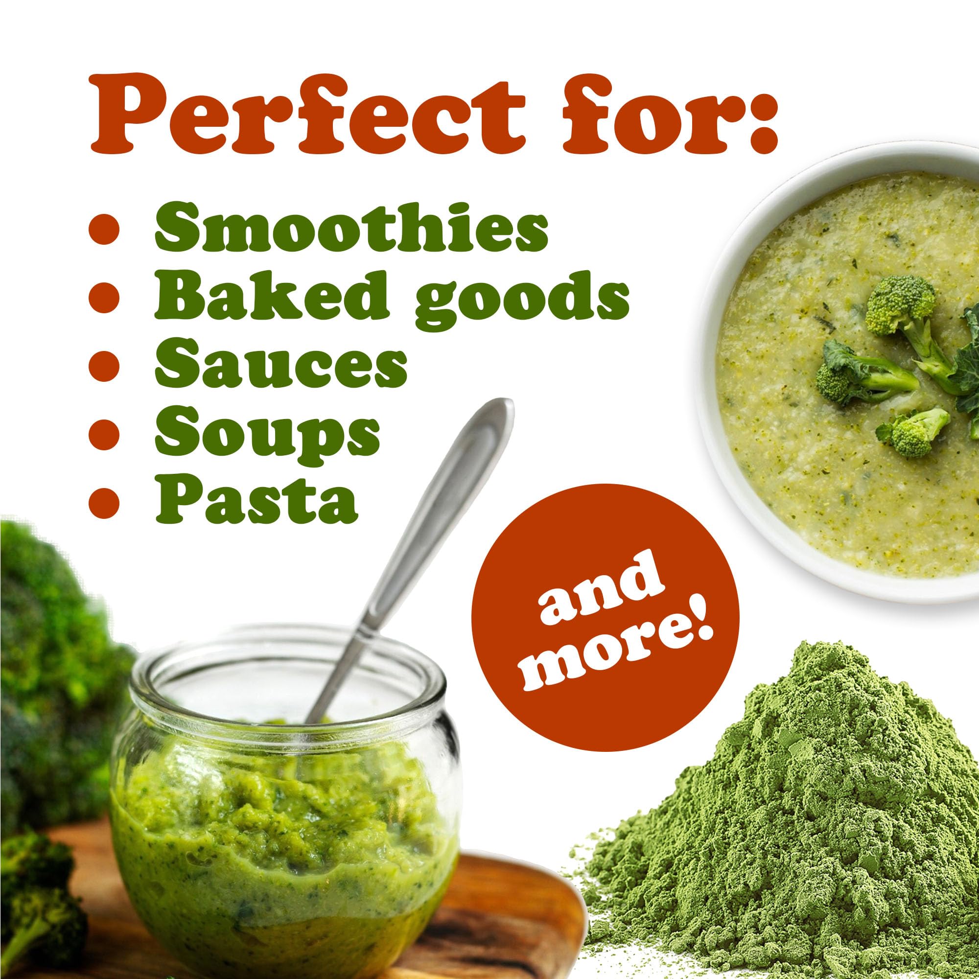 Food to Live broccoli powder label highlights vegan and gluten-free attributes.