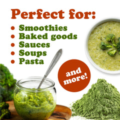 Food to Live broccoli powder label highlights vegan and gluten-free attributes.