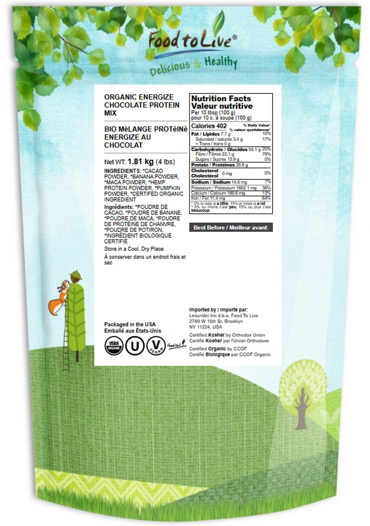 Food to Live Energize bag back shows nutrition and ingredients