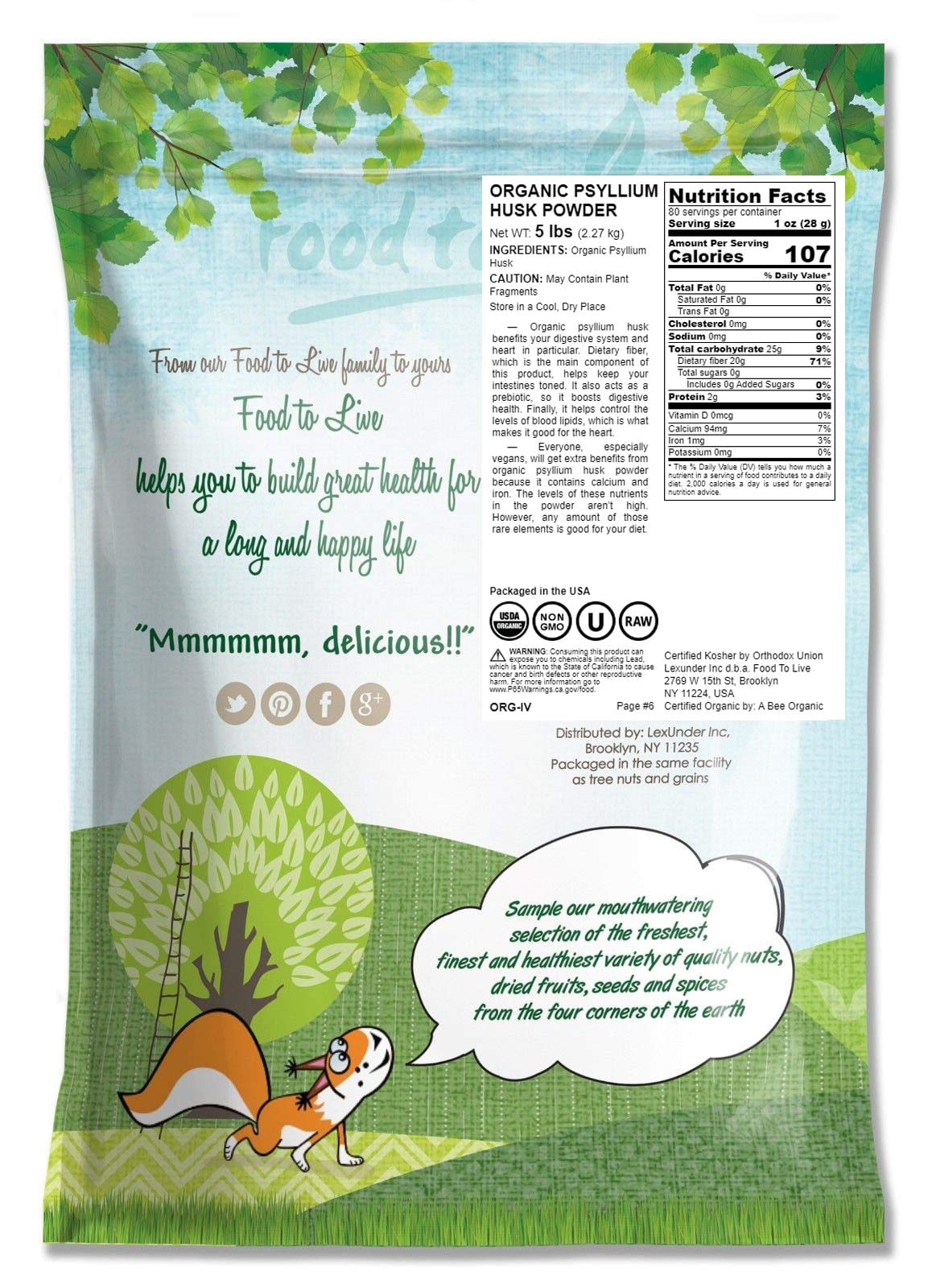 Food to Live organic psyllium husk powder label highlights organic and kosher status.