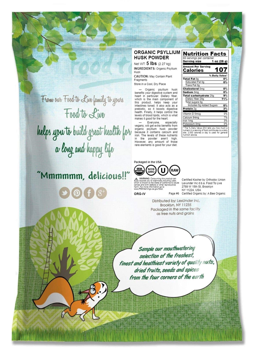 Food to Live organic psyllium husk powder label highlights organic and kosher status.