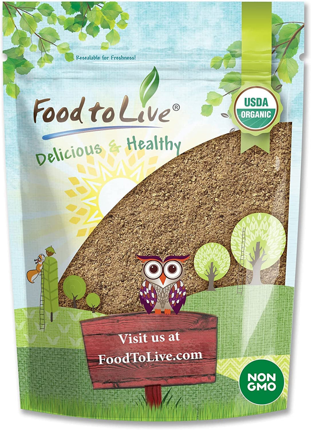 Food to Live psyllium husk powder bag highlighting high fiber content