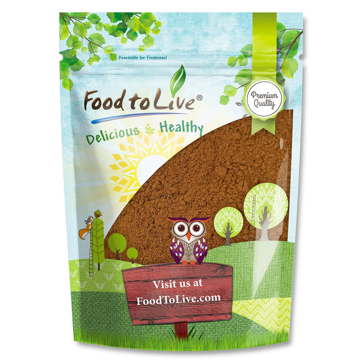 Food to Live Reishi powder packaging shows a resealable bag for freshness.