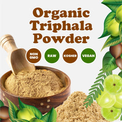 Food to Live Triphala powder tea prep; versatile for hot or iced tea.