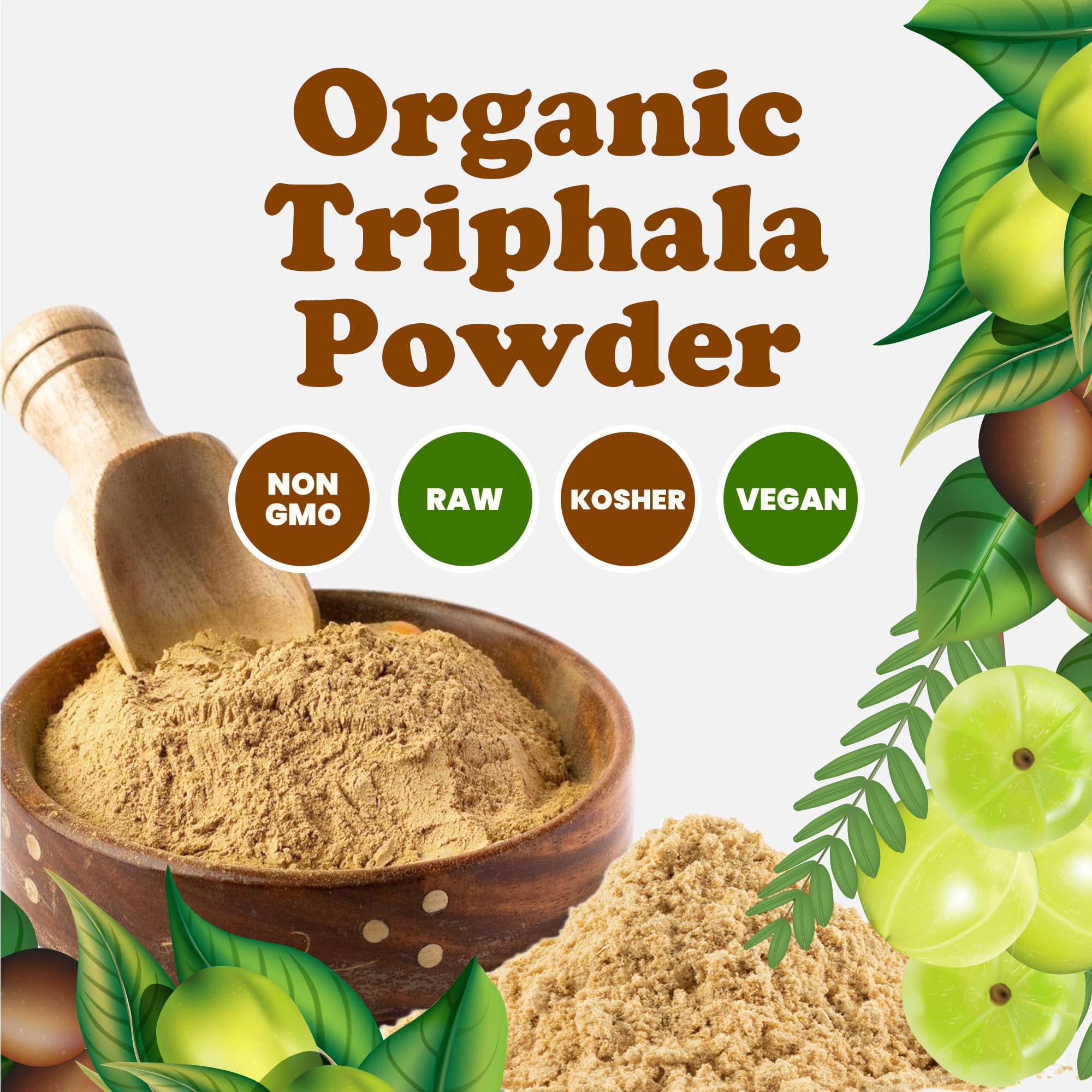 Food to Live Triphala powder in tea cup, versatile beverage addition.