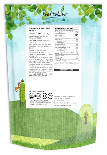 Food to Live psyllium seeds spoonful highlights natural thickening use