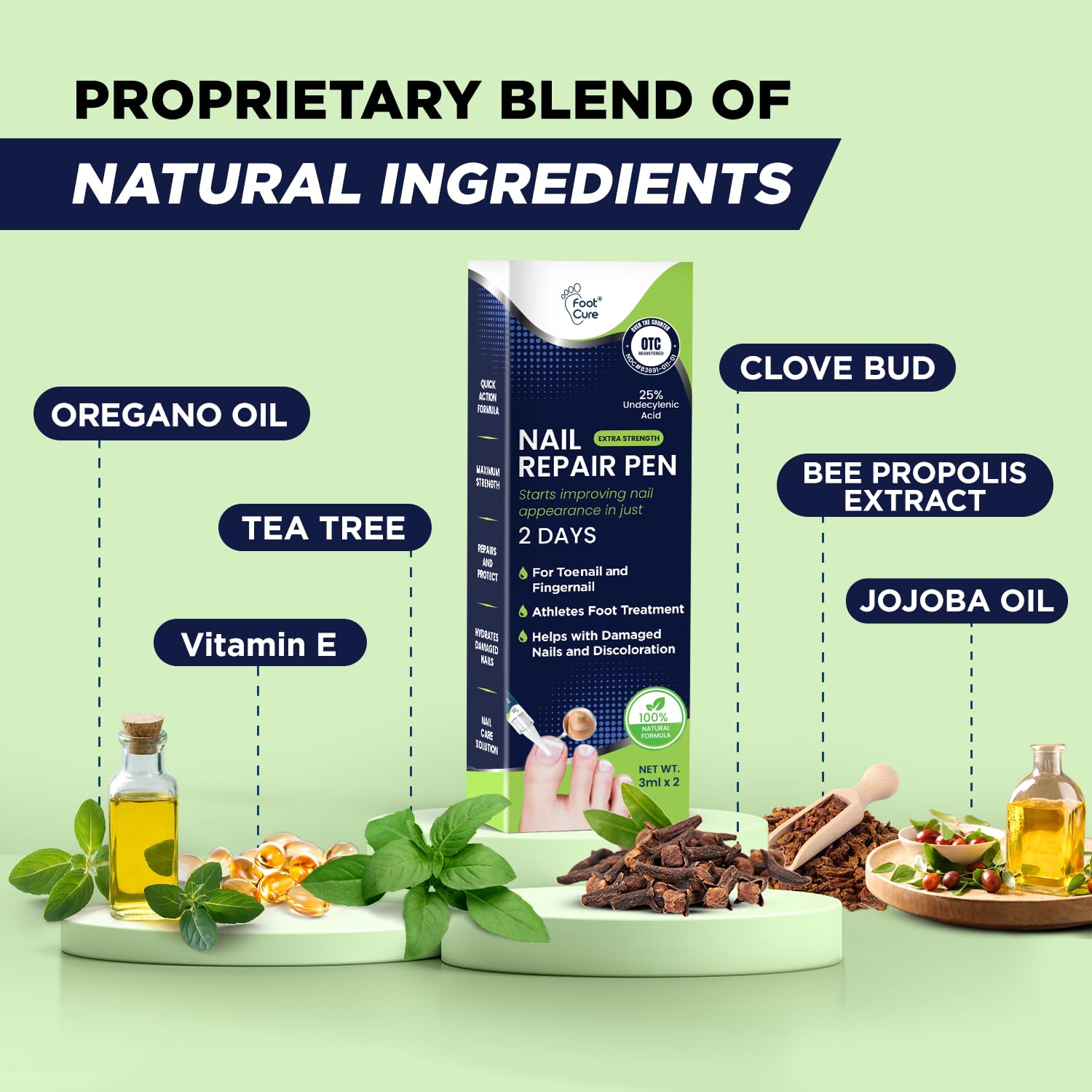 FOOT CURE Tea Tree Oil bottle highlights natural nail care