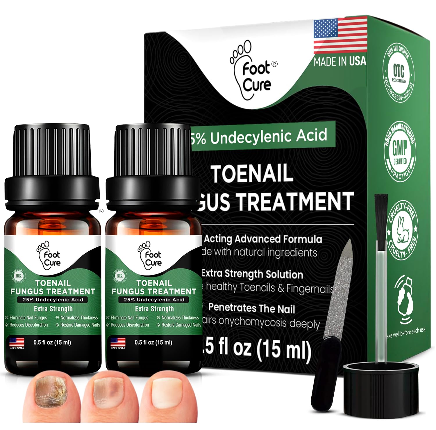 FOOT CURE toenail renewal bottle highlighting the natural formula for healthier nails.