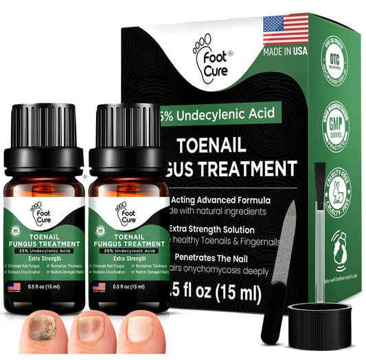 FOOT CURE toenail renewal bottle highlighting the natural formula for healthier nails.