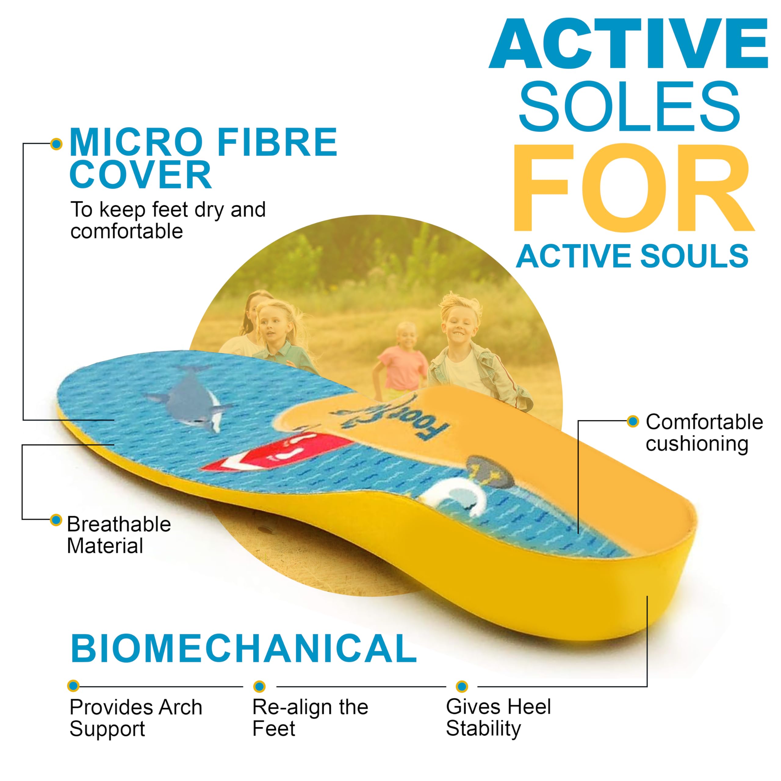 Footlogics kids arch-support insole yellow with deep heel cup for stability