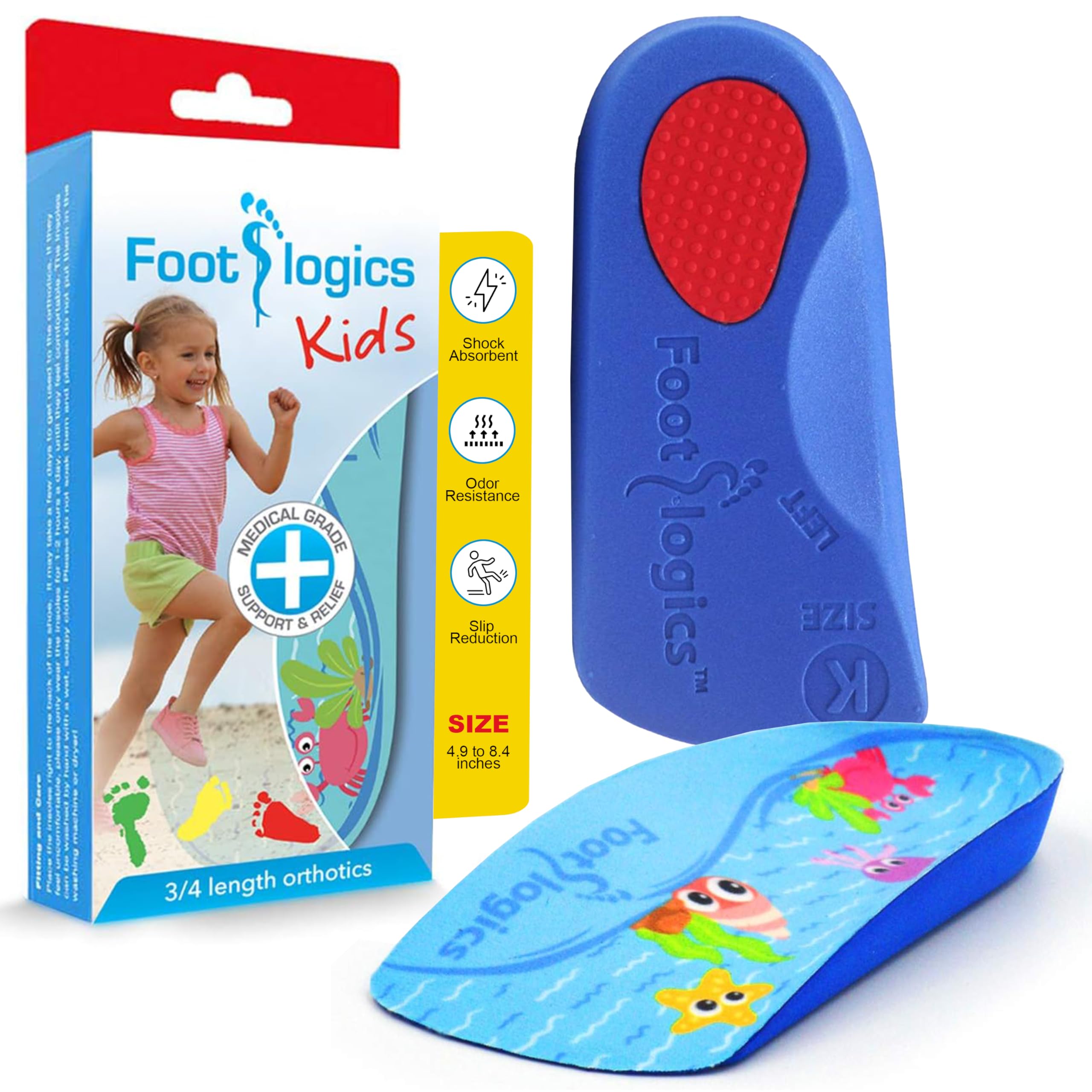Footlogics Kids orthotic insole with arch support for growing feet.