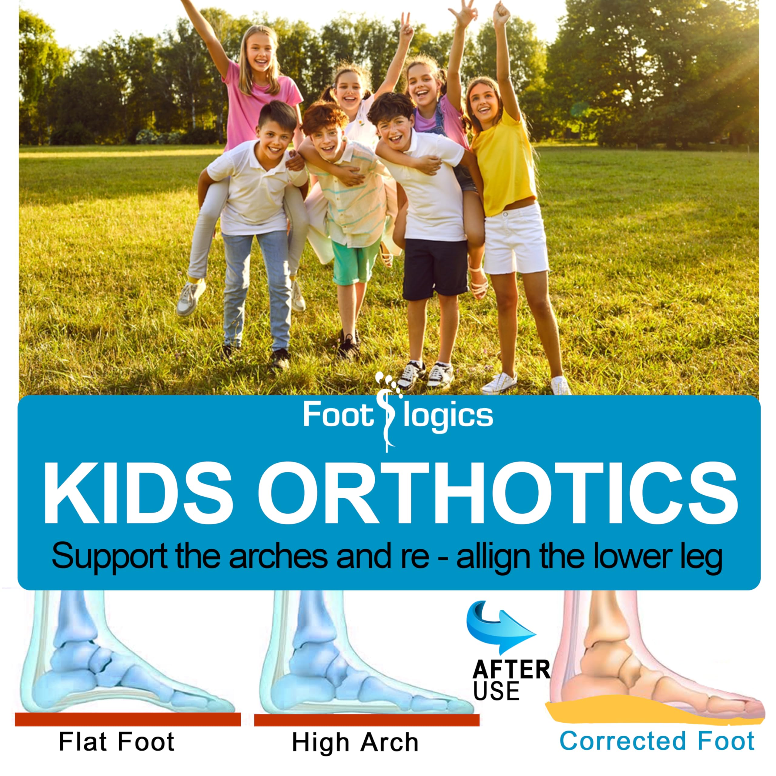 Footlogics yellow insole supports growing feet during daily activities