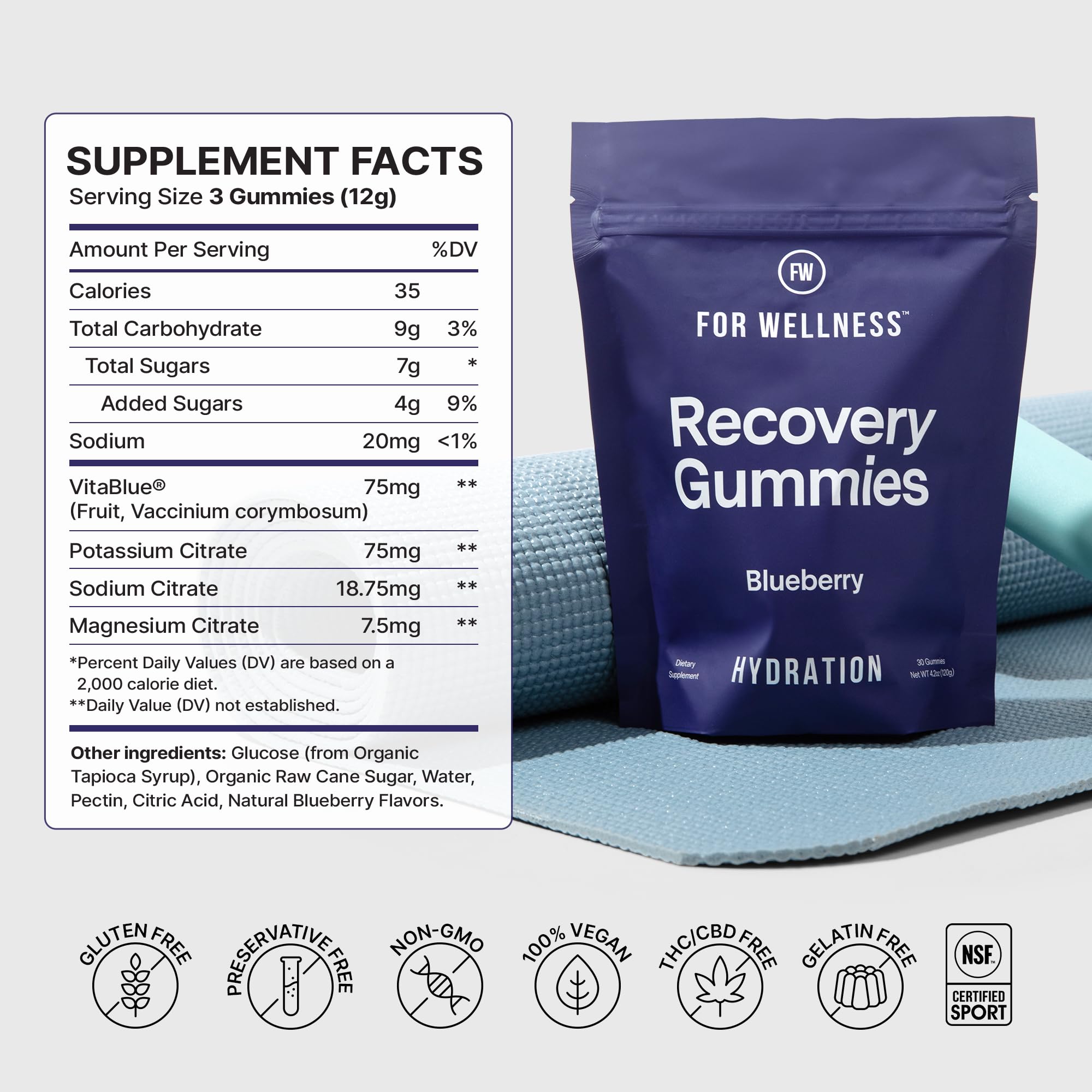 For Wellness Gummies ingredients picture highlights Non-GMO vegan content.