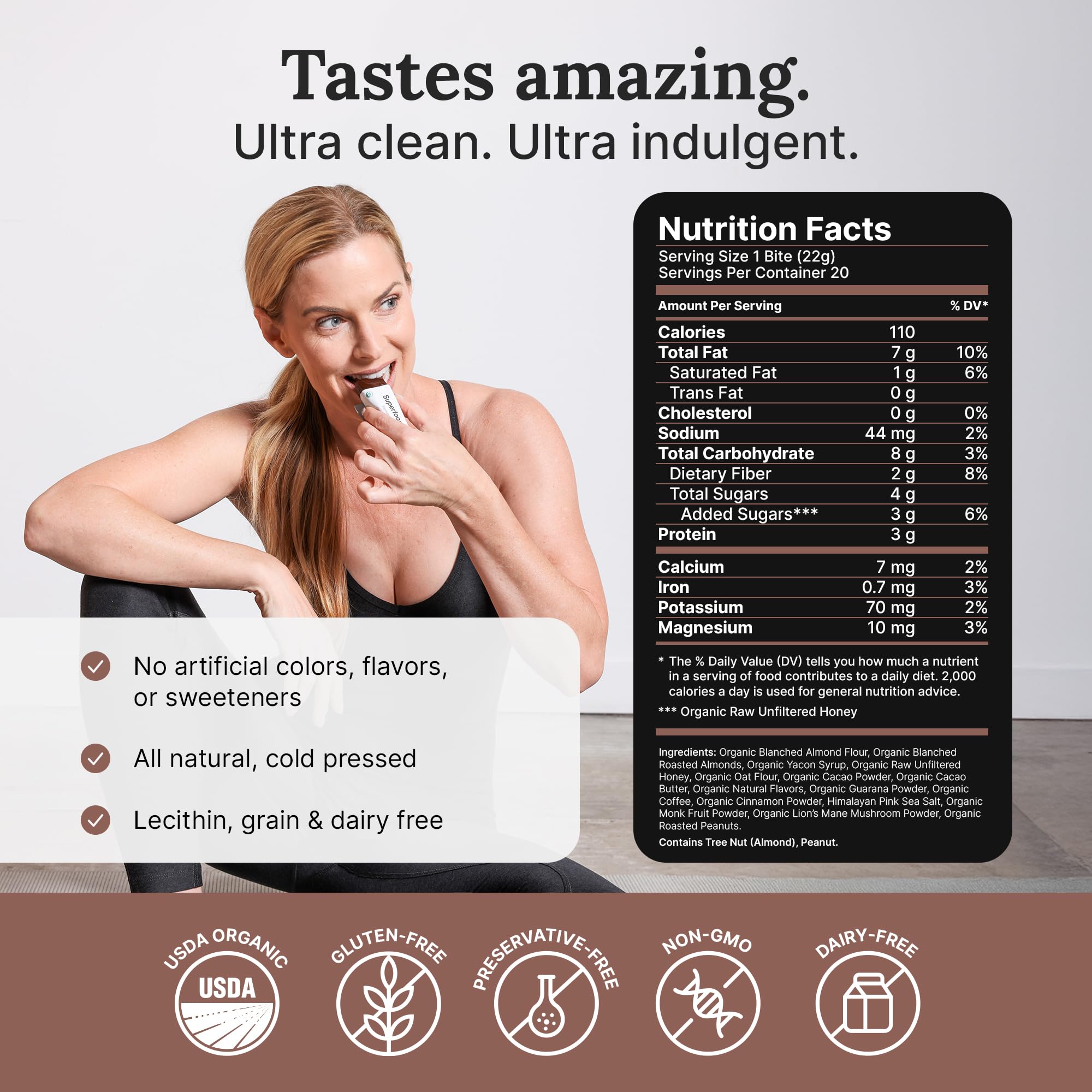 For Wellness Focus Bites chocolate texture closeup, rich flavor with premium ingredients