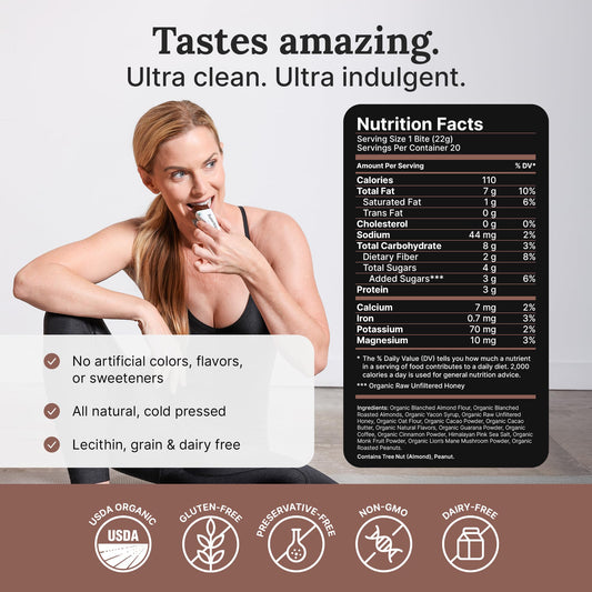 For Wellness Focus Bites chocolate texture closeup, rich flavor with premium ingredients