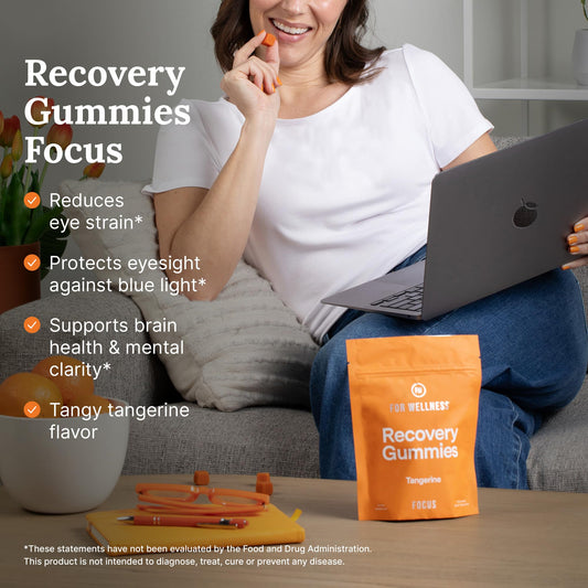 For Wellness Recovery Gummies bottle close-up highlighting eye nutrition for better clarity.