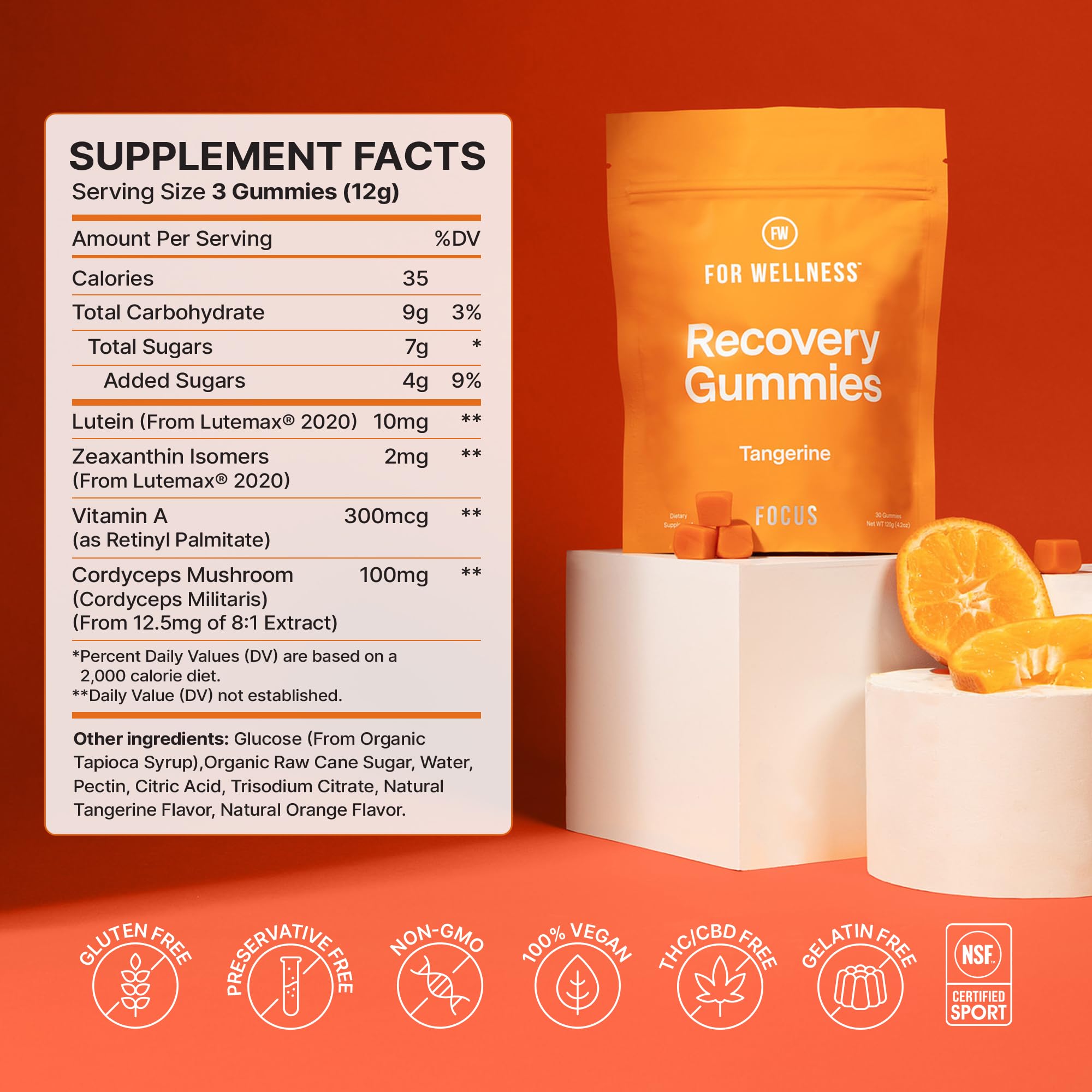 For Wellness Recovery Gummies serving suggestion with glass of water for daily eye and brain health.