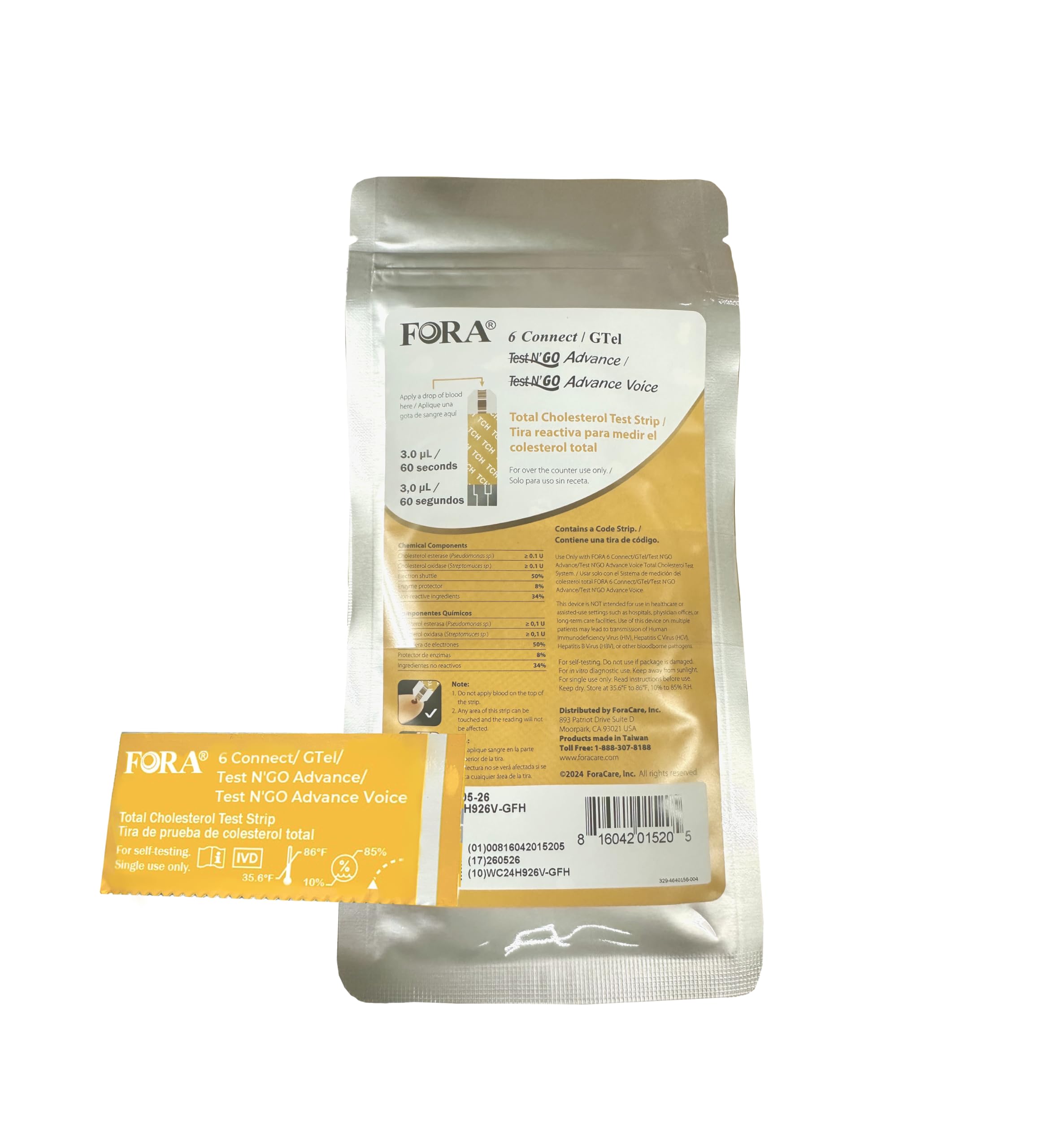 FORA blood cholesterol test strip for Test N'GO meters enables quick at-home readings.