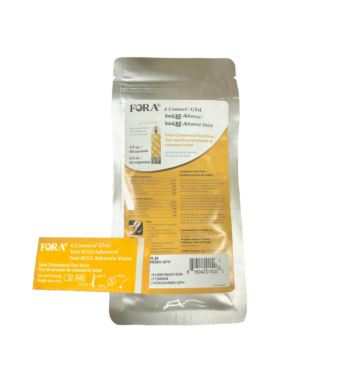 FORA blood cholesterol test strip for Test N'GO meters enables quick at-home readings.