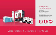 FORA Pro Voice V9 kit contents including meter, strips, lancets, lancing device, case