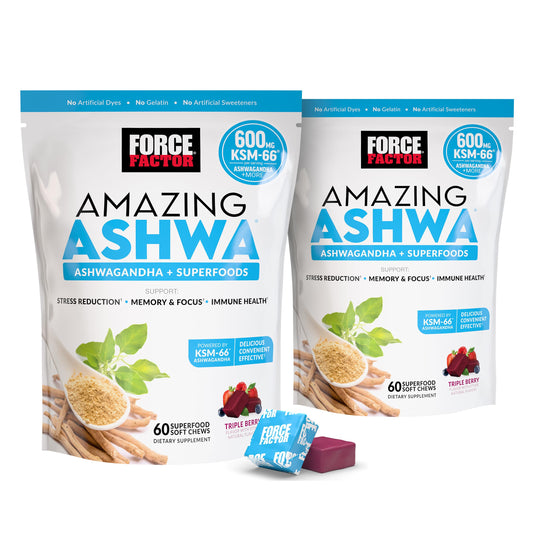 Force Factor Amazing Ashwa bottle highlighting KSM-66 formula for stress support