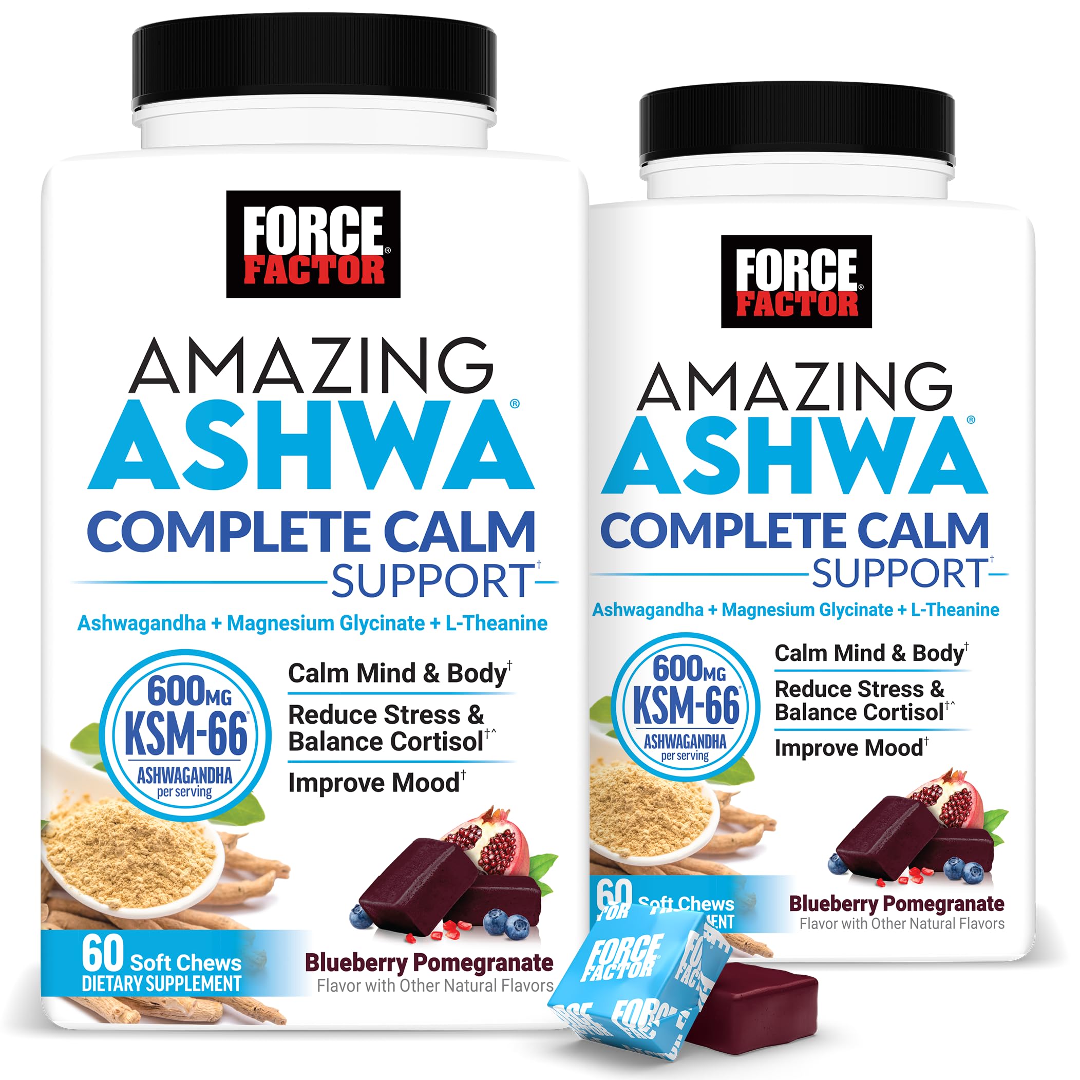 Force Factor Amazing Ashwa Complete Calm bottle showing convenient, mess-free daily calm support with soft chews.